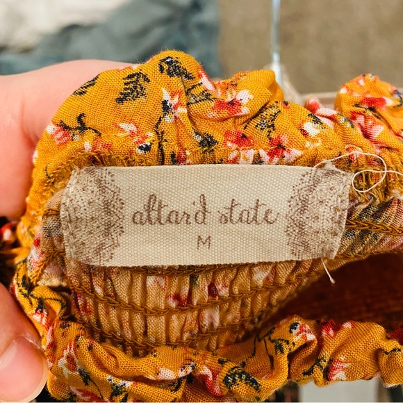 Altar’d State Yellow Floral Smocked Dress Off-Shoulder Short - Picture 3 of 3